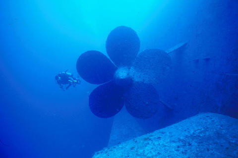 A REEF volunteer conducts a fish survey around the <i>Spiegel Grove</i> a few weeks after the ship was deployed as an artificial reef.